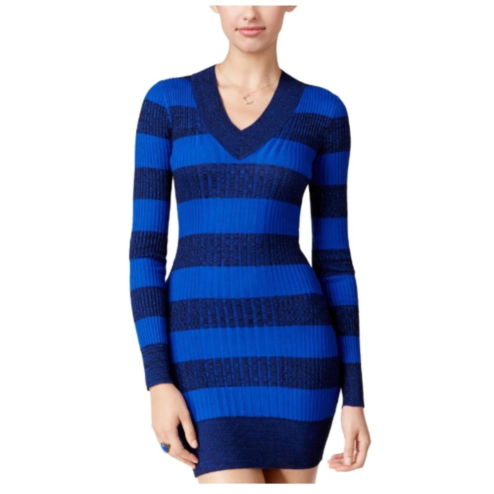 Blue Striped Long Sleeve Bodycon Sweater Dress M